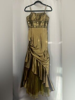 Dollar Gold/Olive Green High-Low Evening Dress with Embellished Waist